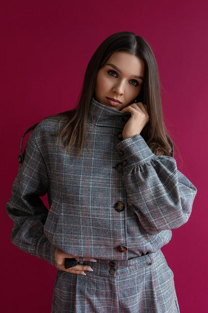 Maoconcept | Grey wool-blend checked jacket with a high collar