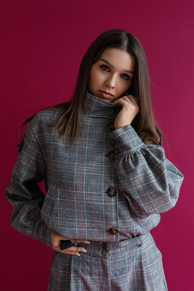 Maoconcept | Grey wool-blend checked jacket with a high collar