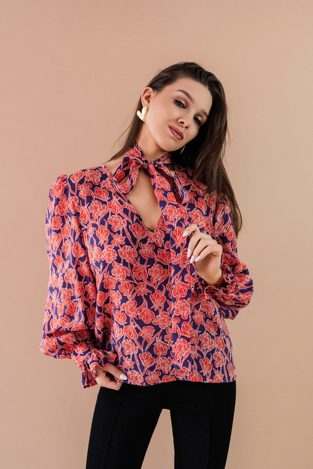 Maoconcept | Cupro shirt with a red floral print and a bow tie detail