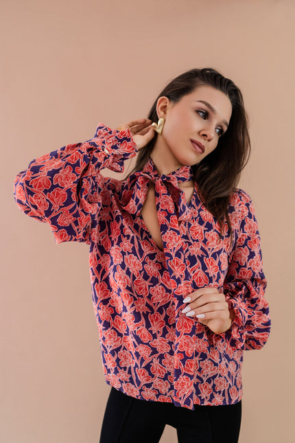 Maoconcept | Cupro shirt with a red floral print and a bow tie detail