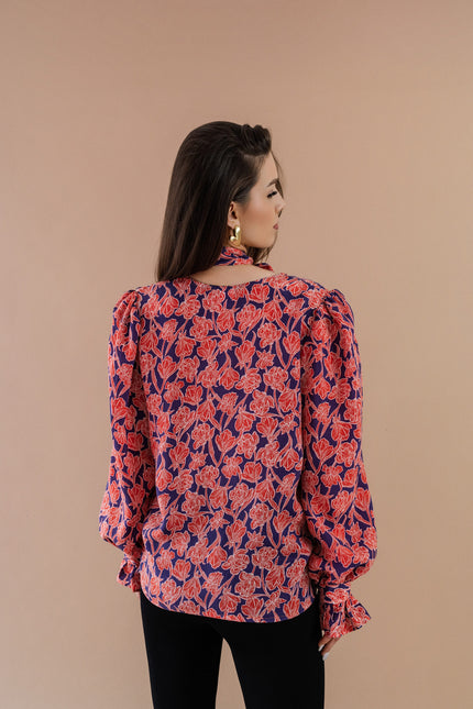 Maoconcept | Cupro shirt with a red floral print and a bow tie detail