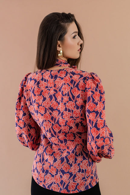 Maoconcept | Cupro shirt with a red floral print and a bow tie detail