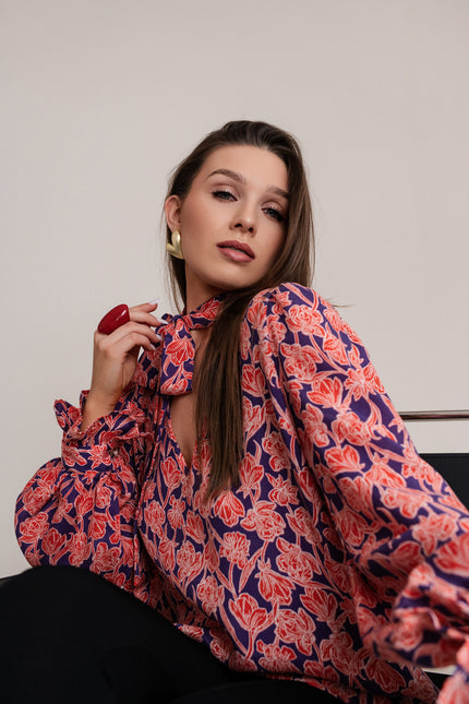 Maoconcept | Cupro shirt with a red floral print and a bow tie detail
