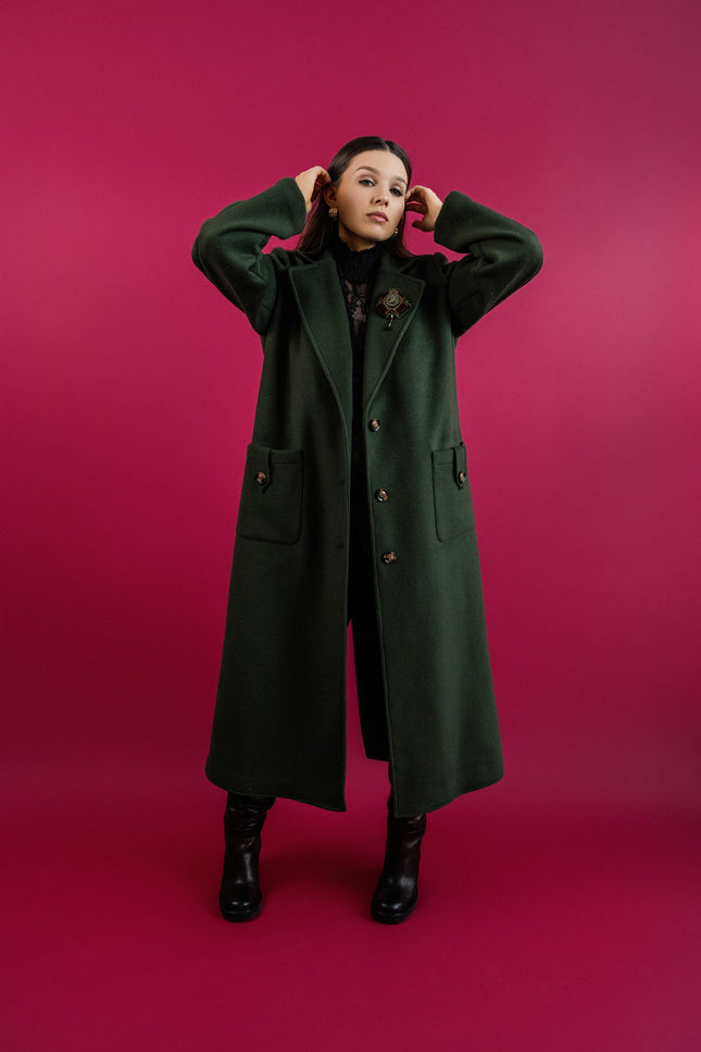 Maoconcept | Long wool coat in a dark moss color