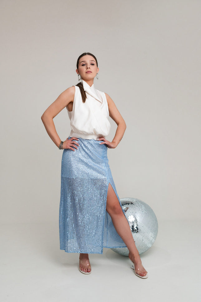 Maoconcept | Light blue sequined midi skirt with a slit