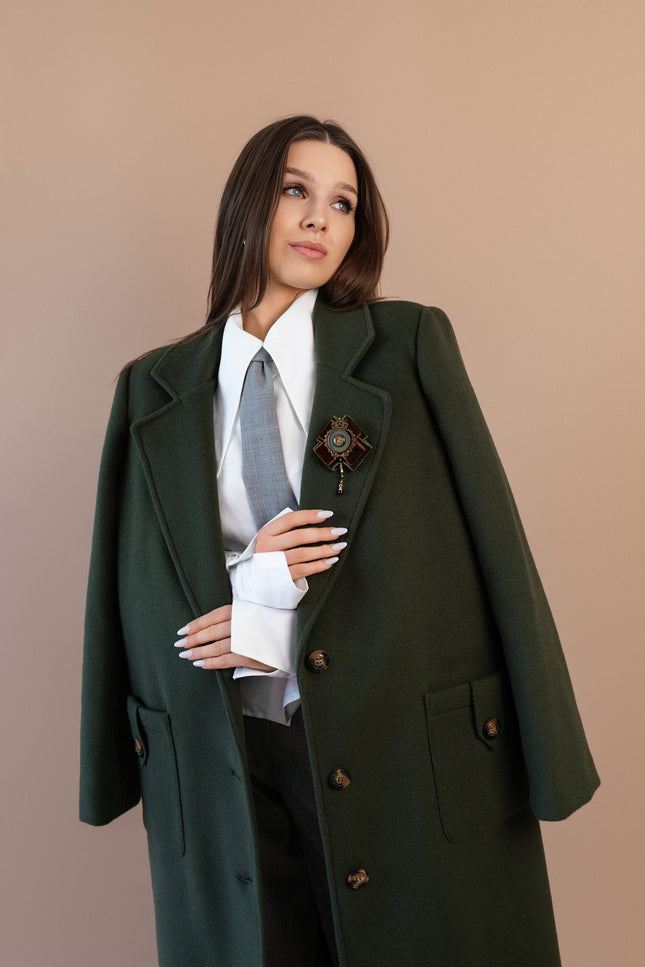 Maoconcept | Long wool coat in a dark moss color
