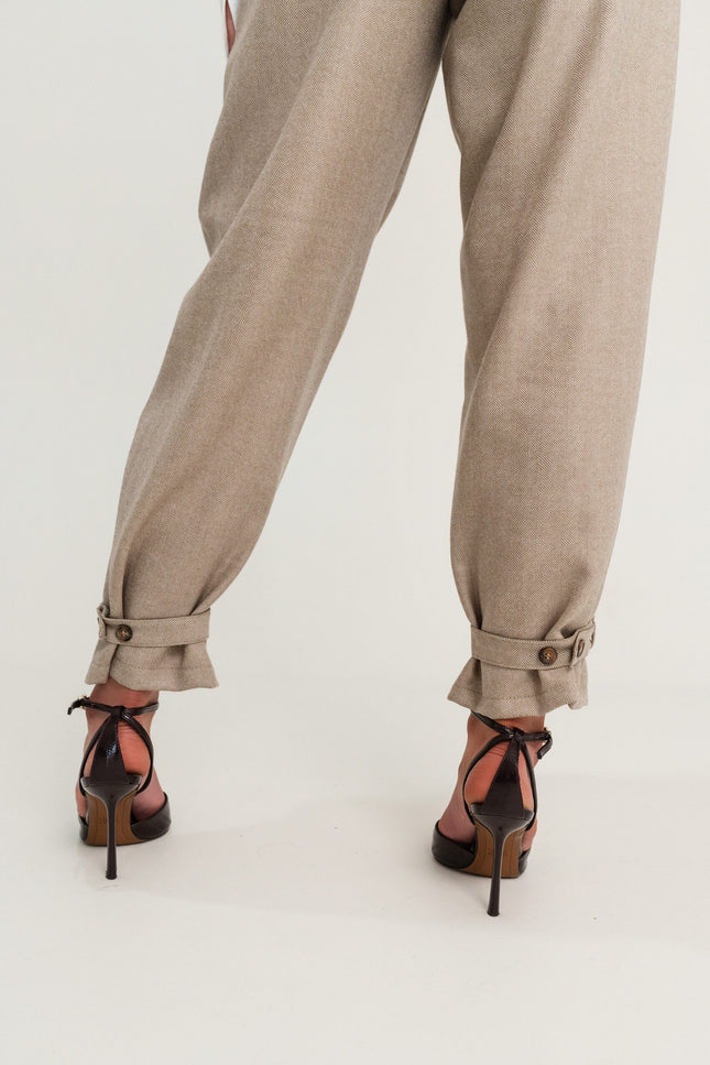 Maoconcept | Beige wool trousers with pleats and a herringbone pattern