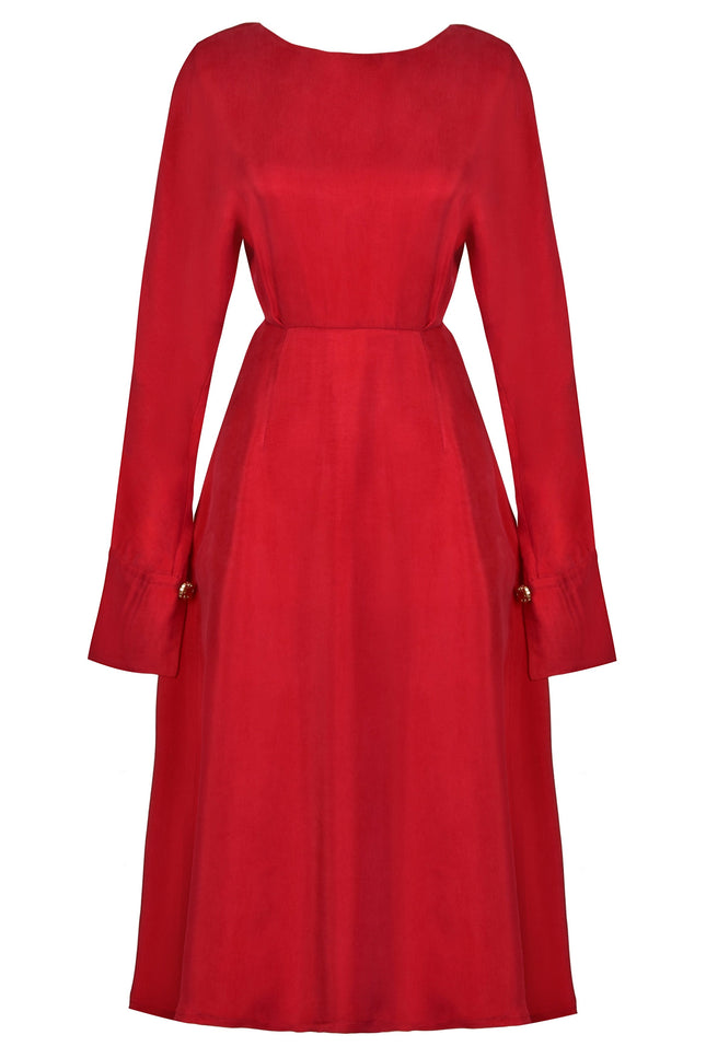 The Sarvin Long Sleeve Red Midi Dress features a fitted waist, flared cuffs with gold button details, and a boat neckline. Made from smooth, solid fabric, this timeless dress is perfect for elegant occasions.
