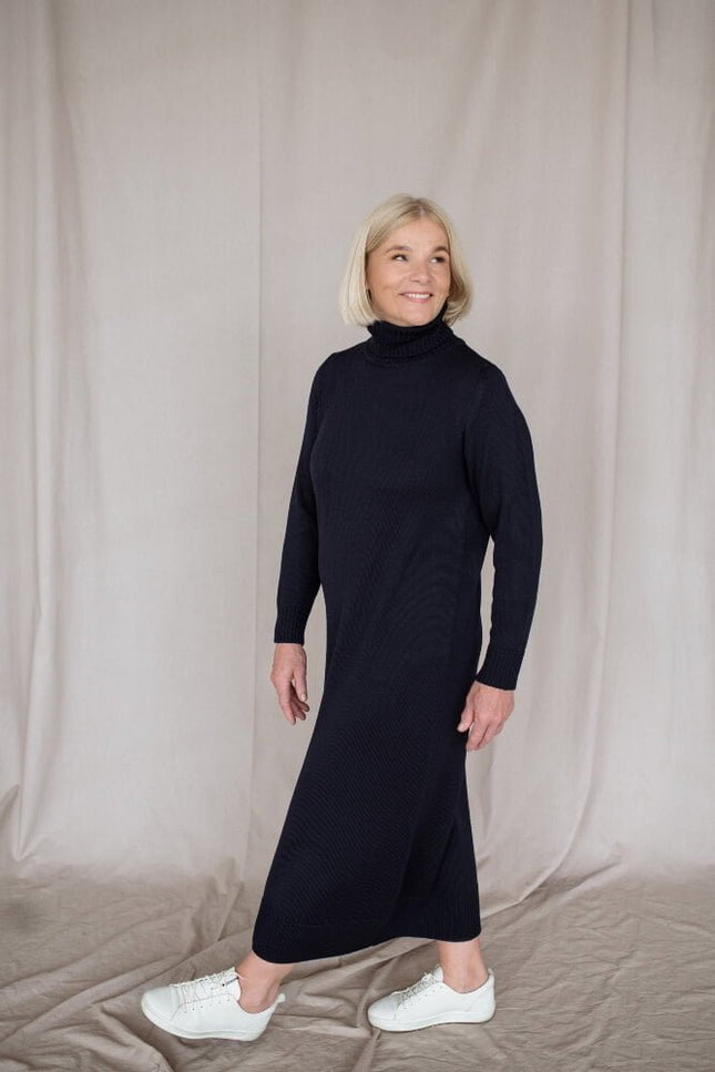 Monala | Turtleneck Knitted Merino Wool Sweater Dress in Dark Blue