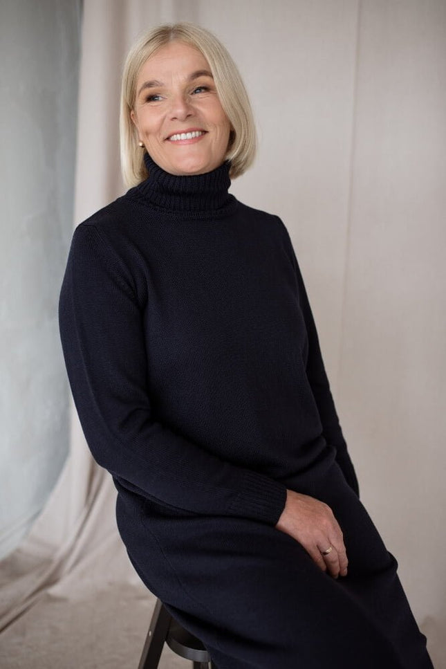 Monala | Turtleneck Knitted Merino Wool Sweater Dress in Dark Blue