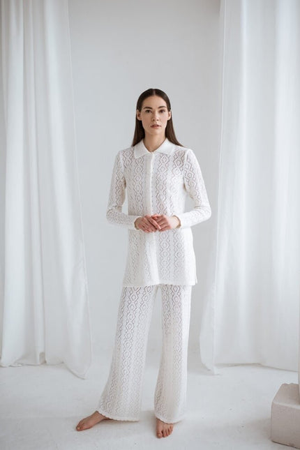 Monala | Knit button up lace merino wool shirt