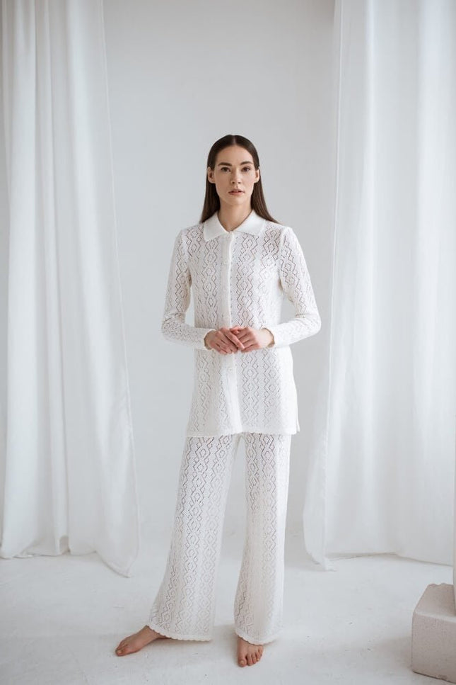 Monala | Knit button up lace merino wool shirt