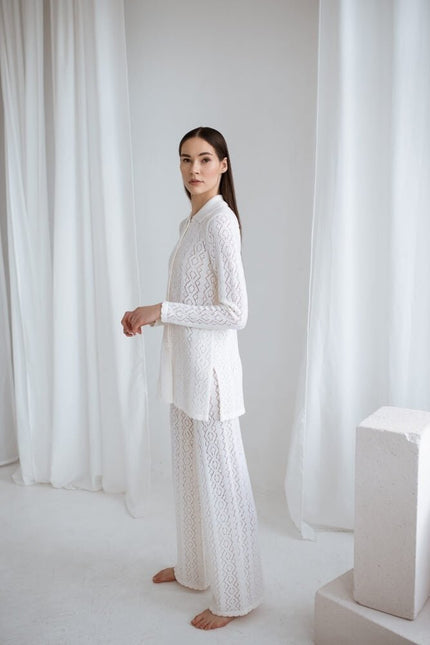 Monala | Knit button up lace merino wool shirt
