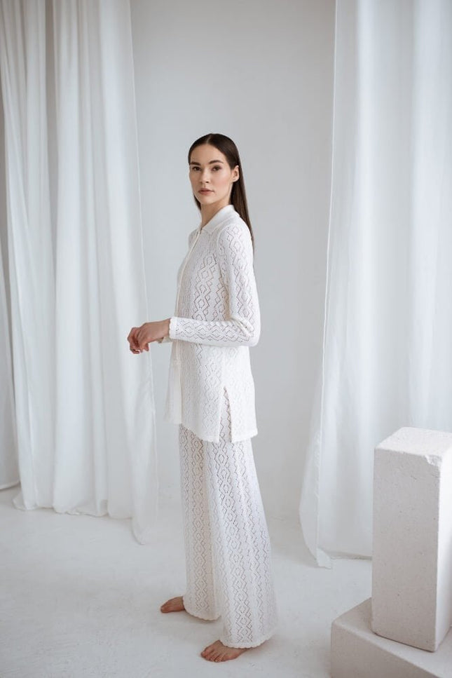 Monala | Knit button up lace merino wool shirt