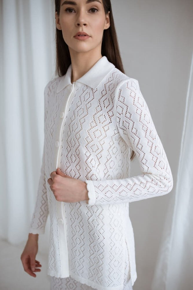Monala | Knit button up lace merino wool shirt
