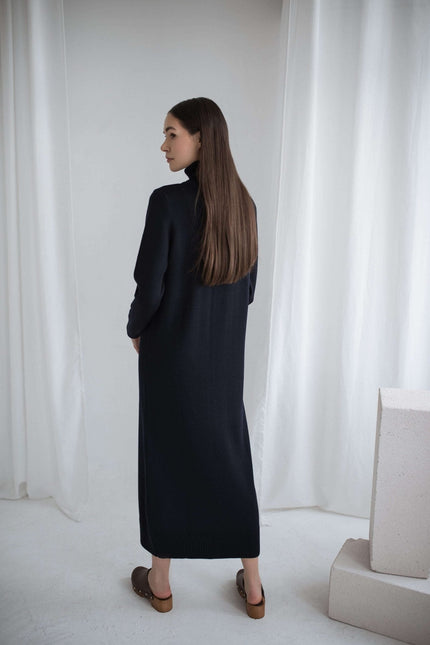 Monala | Turtleneck Knitted Merino Wool Sweater Dress in Dark Blue