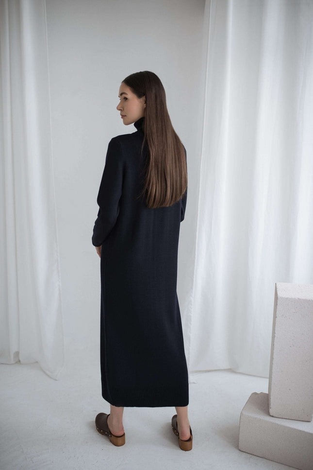 Monala | Turtleneck Knitted Merino Wool Sweater Dress in Dark Blue