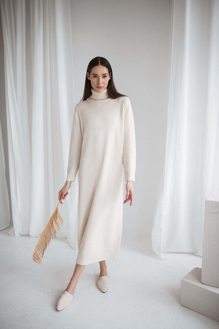 Monala | Turtleneck Knitted Merino Wool Sweater Dress in Natural White