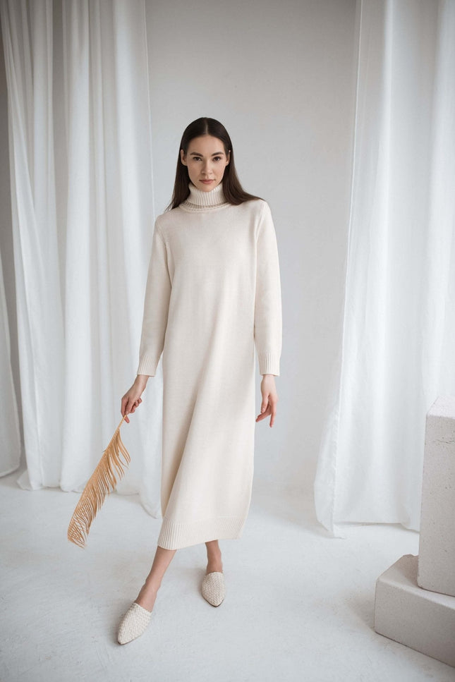 Monala | Turtleneck Knitted Merino Wool Sweater Dress in Black