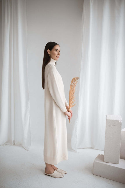 Monala | Turtleneck Knitted Merino Wool Sweater Dress in Natural White