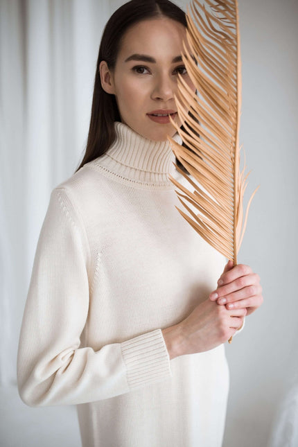Monala | Turtleneck Knitted Merino Wool Sweater Dress in Natural White