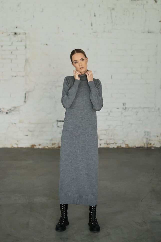 Monala | Turtleneck Knitted Merino Wool Sweater Dress in Chocolate