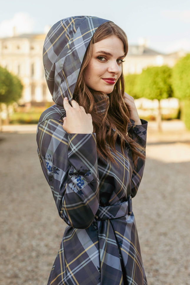 Detail shot of detachable hood on Duchess in Blue waterproof coat.