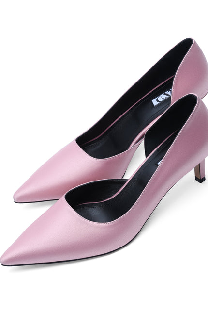 Pair of dusty pink handmade satin stilettos 5 cm heel memory foam insole