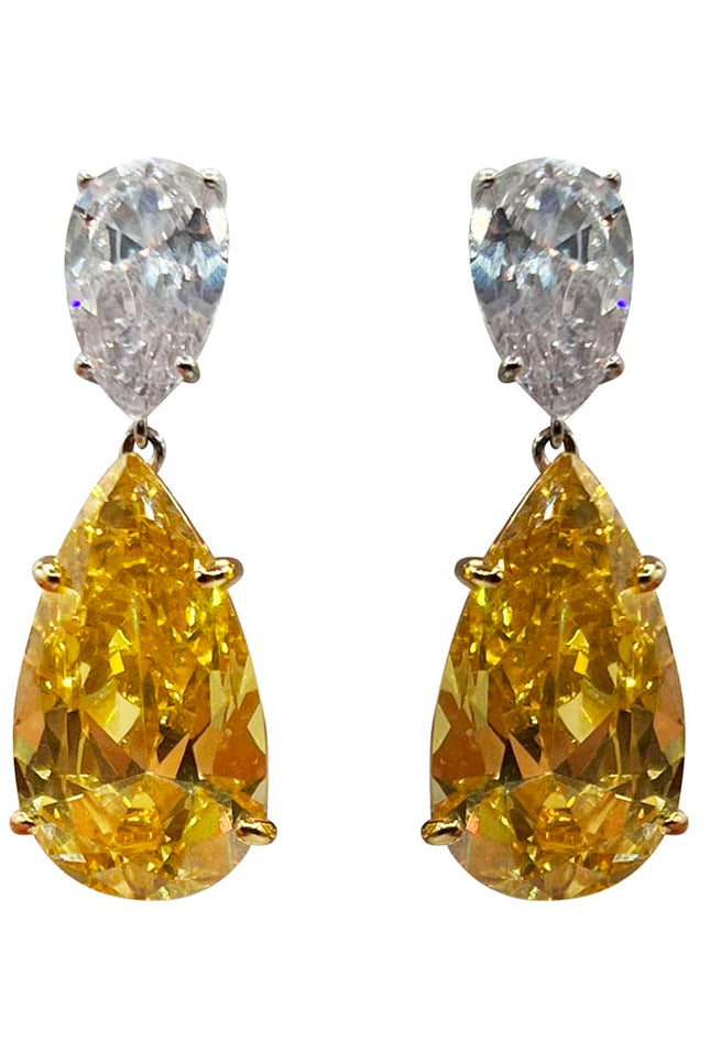 Michael Nash Jewelry | Celestina Large Double Pear Canary And Diamond Clip Earrings Set In Sterling Silver