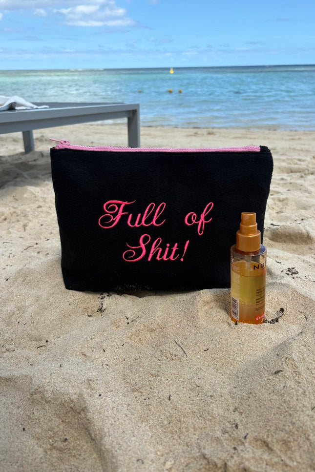 LillyLovesLTD Full of Shit wash bag pouch with bold black text on white fabric, designed for toiletries and travel essentials.