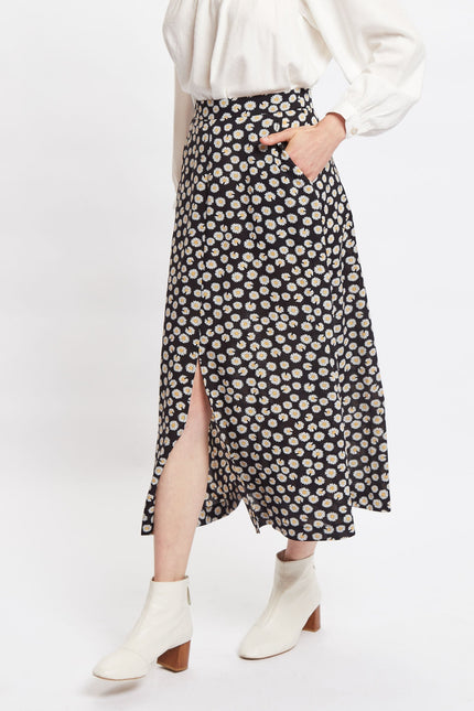 Louche Edie Daisy Dancer Midi Skirt - Black - Front