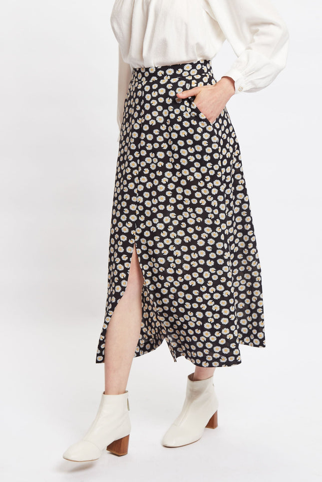 Louche Edie Daisy Dancer Midi Skirt - Black - Front