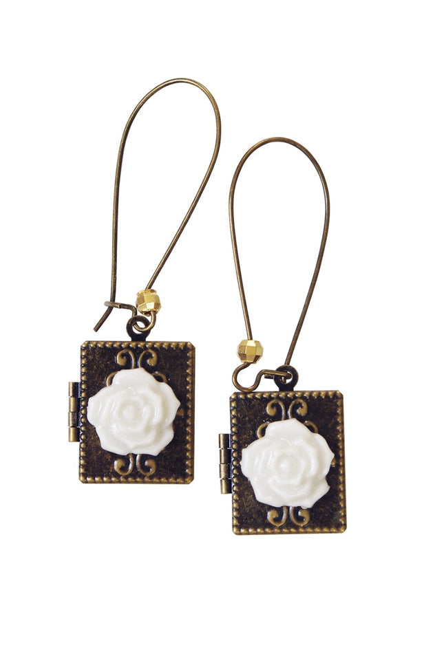 Poporcelain | Classic Rose On Vintage Book Locket Drop Earrings
