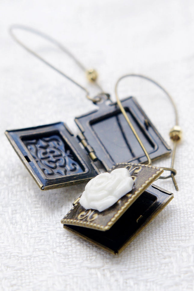 Poporcelain | Classic Rose On Vintage Book Locket Drop Earrings