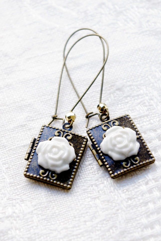 Poporcelain | Classic Rose On Vintage Book Locket Drop Earrings