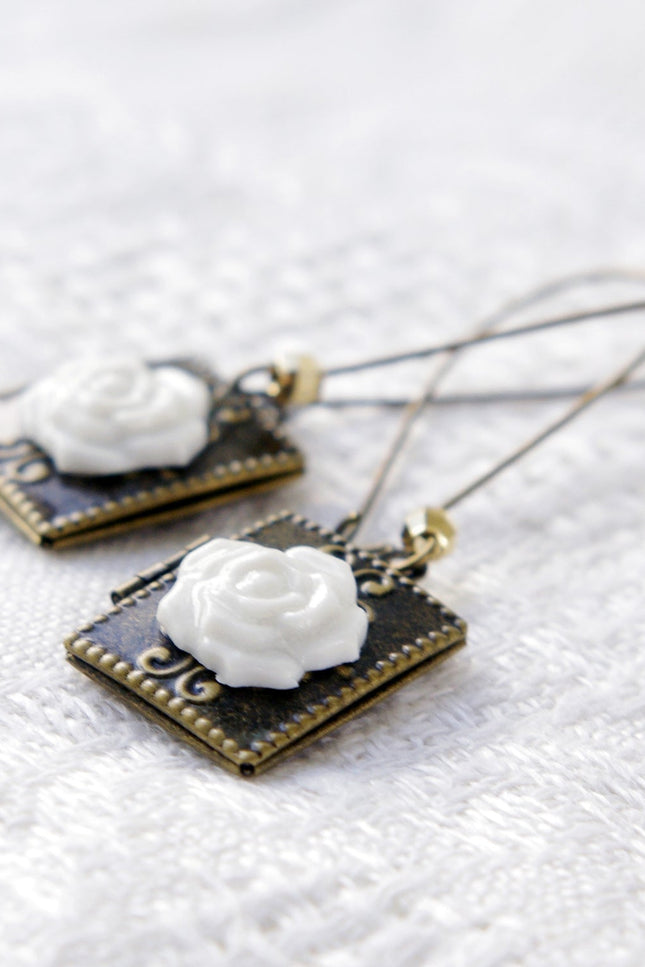Poporcelain | Classic Rose On Vintage Book Locket Drop Earrings