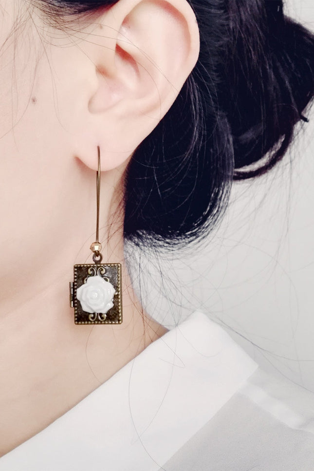 Poporcelain | Classic Rose On Vintage Book Locket Drop Earrings