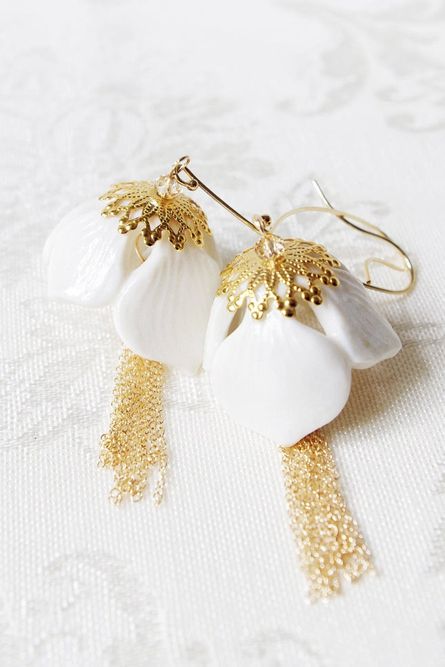 Poporcelain | Snowdrop Flower Tassel Drop Earrings