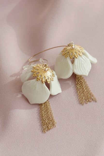 Poporcelain | Snowdrop Flower Tassel Drop Earrings