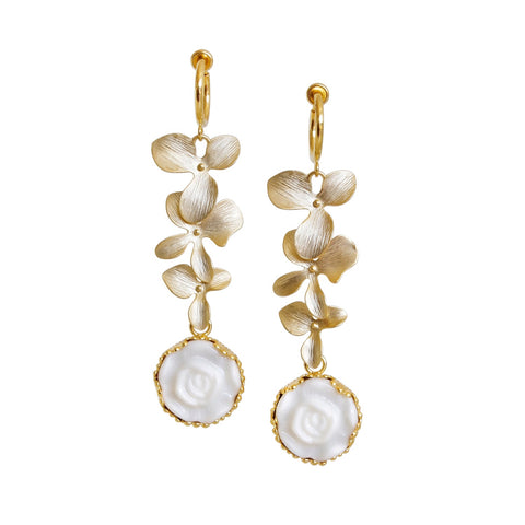 Poporcelain | Moonlight Rose and Triple Leaves Drop Earrings