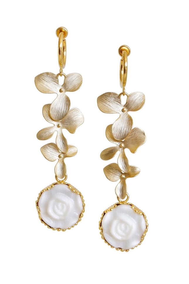Poporcelain | Moonlight Rose and Triple Leaves Drop Earrings