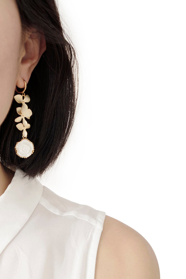 Poporcelain | Moonlight Rose and Triple Leaves Clip-On Drop Earrings