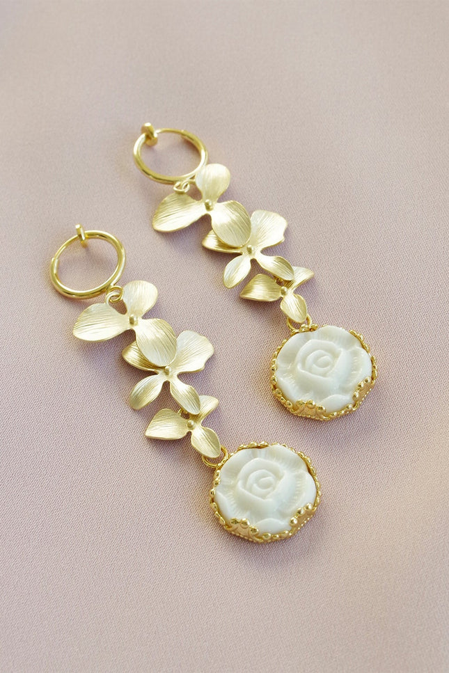 Poporcelain | Moonlight Rose and Triple Leaves Clip-On Drop Earrings