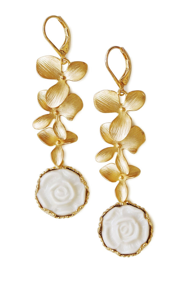 Poporcelain | Moonlight Rose and Triple Leaves Drop Earrings