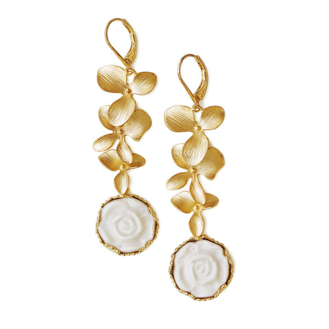 Poporcelain | Moonlight Rose and Triple Leaves Drop Earrings