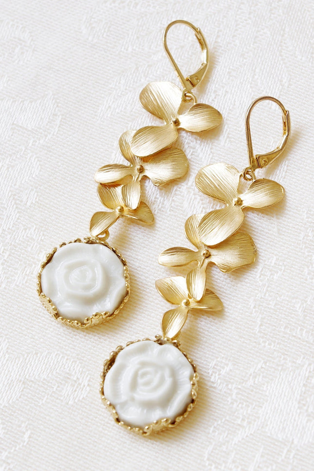 Poporcelain | Moonlight Rose and Triple Leaves Drop Earrings