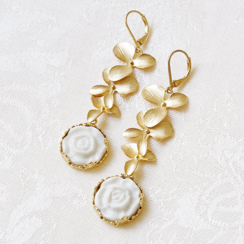 Poporcelain | Moonlight Rose and Triple Leaves Drop Earrings