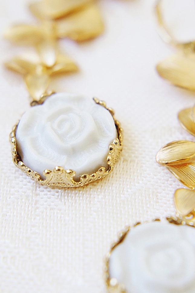 Poporcelain | Moonlight Rose and Triple Leaves Drop Earrings