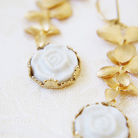 Poporcelain | Moonlight Rose and Triple Leaves Drop Earrings