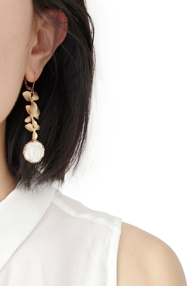 Poporcelain | Moonlight Rose and Triple Leaves Drop Earrings